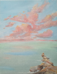 Indelible Day - original oil painting, beach, landscape, clouds, cloudscape, shore, rocks, ocean, sea, tropical, canvas, wall art, home decor, wall decor