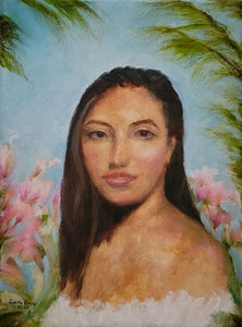 Island Girl - original oil painting portrait girl woman female island tropical palm trees flowers exotic home living wall decor paradise beach canvas art