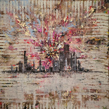 Load image into Gallery viewer, Lonely Hearts in the City - original oil painting abstract cityscape gold leaf original artwork wall decor home city skyscraper building architecture landscape painting
