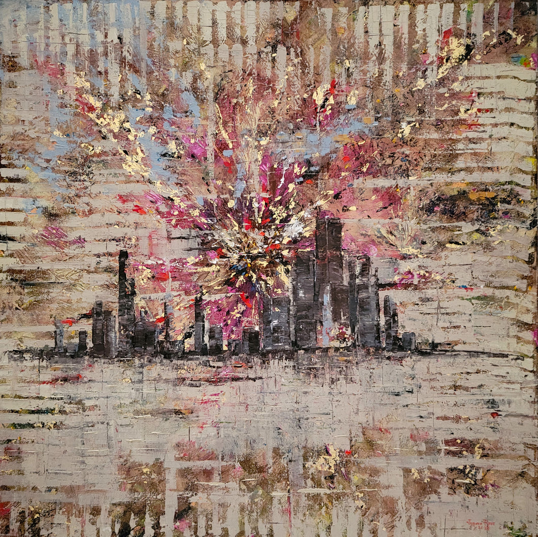 Lonely Hearts in the City - original oil painting abstract cityscape gold leaf original artwork wall decor home city skyscraper building architecture landscape painting