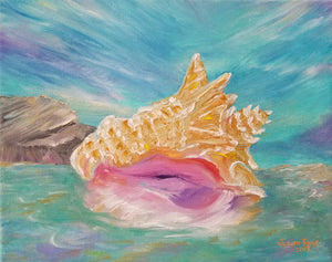 Loner - original oil painting, conch, shell, island, sea, ocean, seashell, tropical, colorful, unique, coastal, beach, tide, wall, home, canvas, signed, art, decor