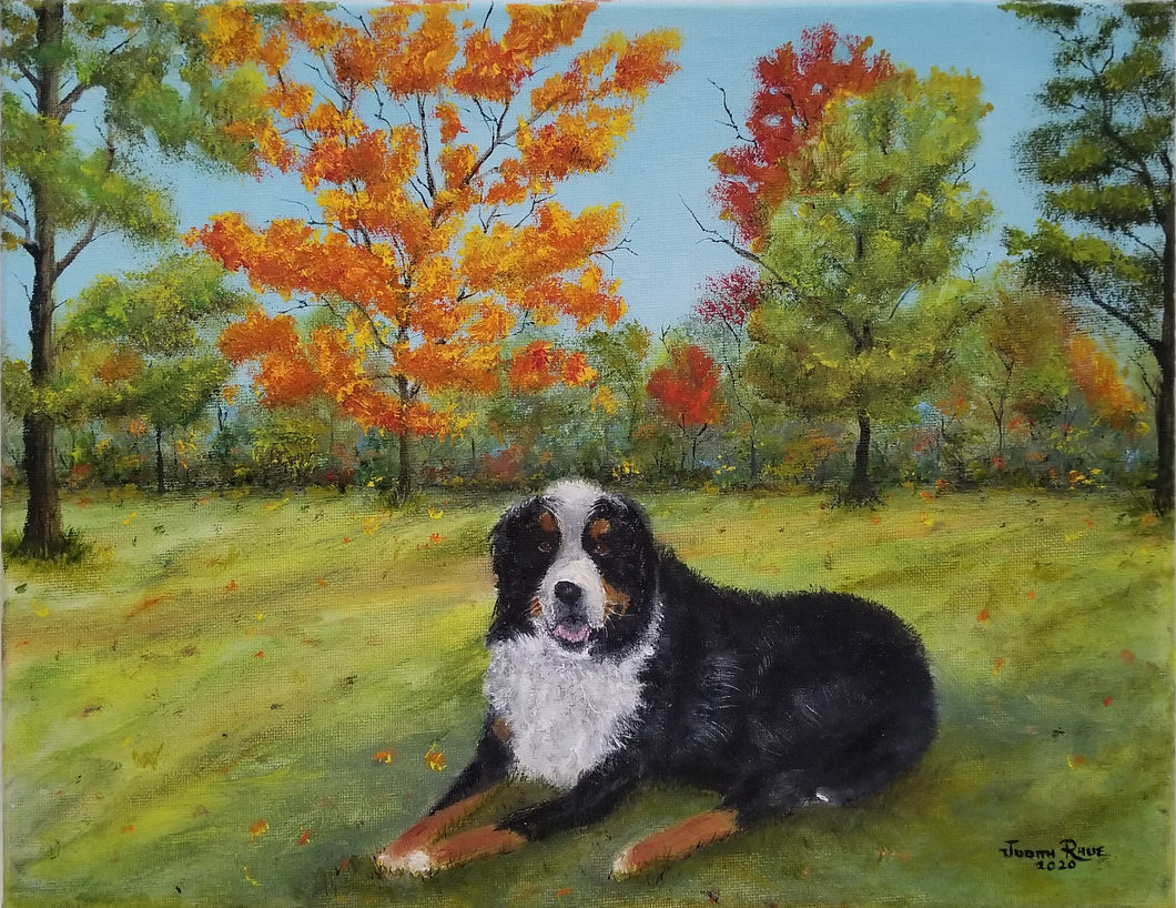 Louie - original oil painting, dog, bernese mountain dog, park, autumn, fall, trees, animal, pet, landscape, wall, home, decor