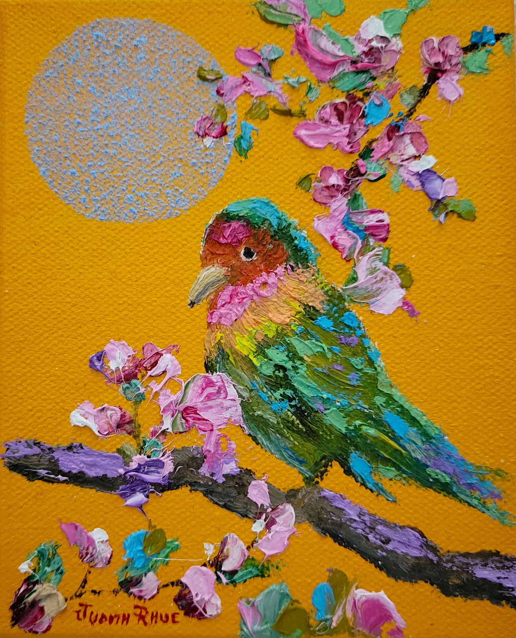 Lovebird III - original oil painting, lovebirds, lovebird, bird, birds, flowers, tree, nature, wall art, wall decor, home decor, colorful, unique, love