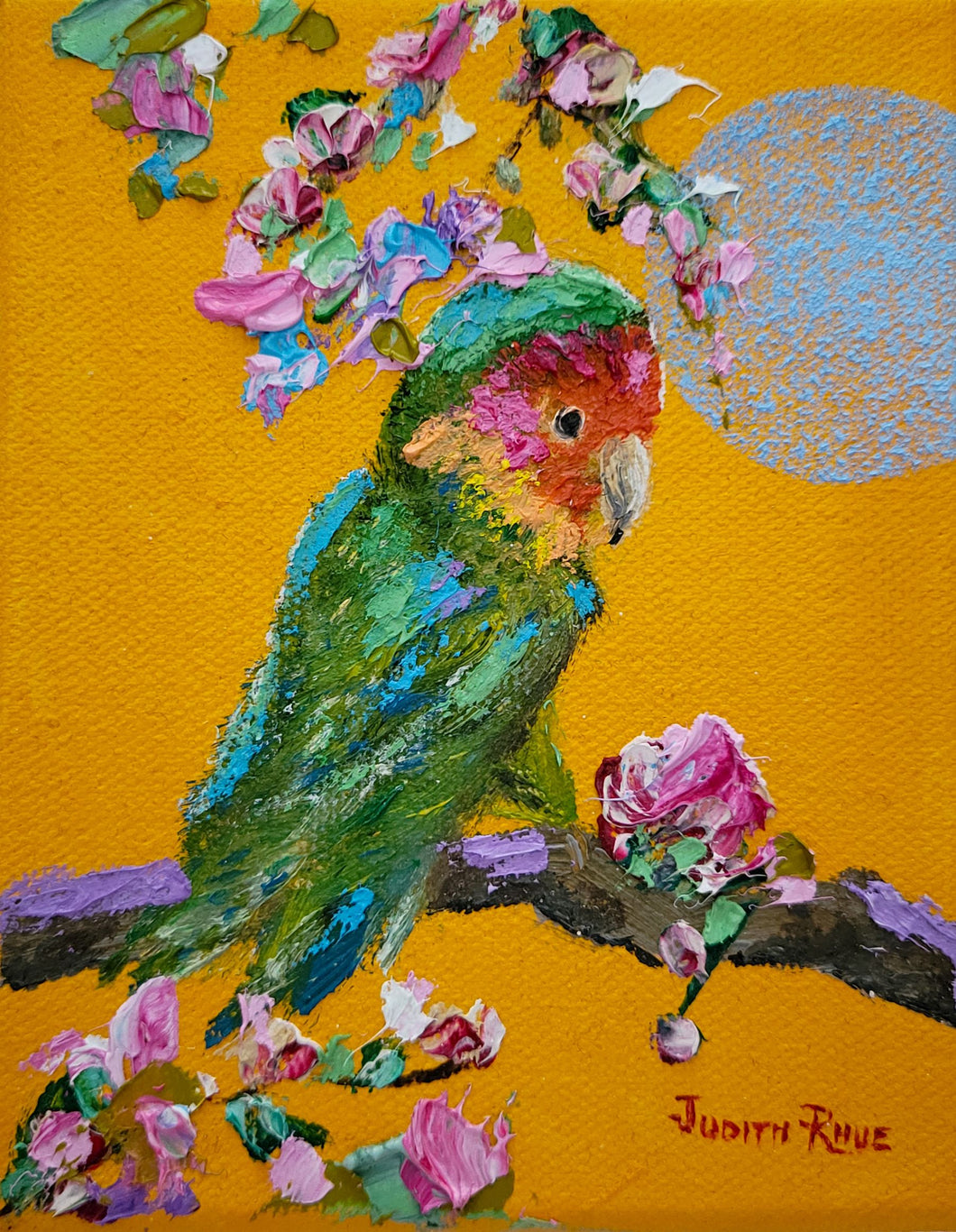 Lovebird I - original oil painting, lovebird, bird, landscape, colorful, unique, gift, animal, birds, canvas, wall art, wall decor, home decor, hope, art