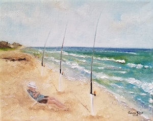 Multitasking - original oil painting, beach, landscape, coastal, fisherman, fishing, fish, poles, man, person, figure, wall, home, canvas, art