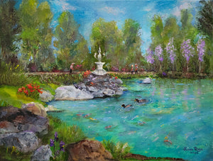 Nature's Harmony - original oil painting landscape koi ducks people park garden pond rocks trees nature flowers scenery canvas wall art home living decor fish