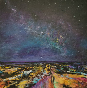Nightly Contact - original oil painting, landscape, abstract, night sky, stars, clouds, milky way, space, coloful, unique, canvas, home, interior, decor, art