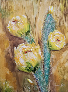 Only the Beginning - cactus flower yellow desert southwest southwestern framed original oil painting garden nature inspired art