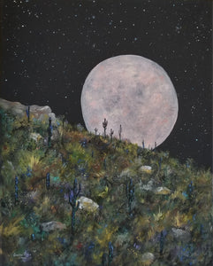 Pink Supermoon - original oil painting, moon, cactus, supermoon, pink, desert, landscape, Arizona, southwest, southwestern, original, oil painting, wall art, home, decor, astronomy