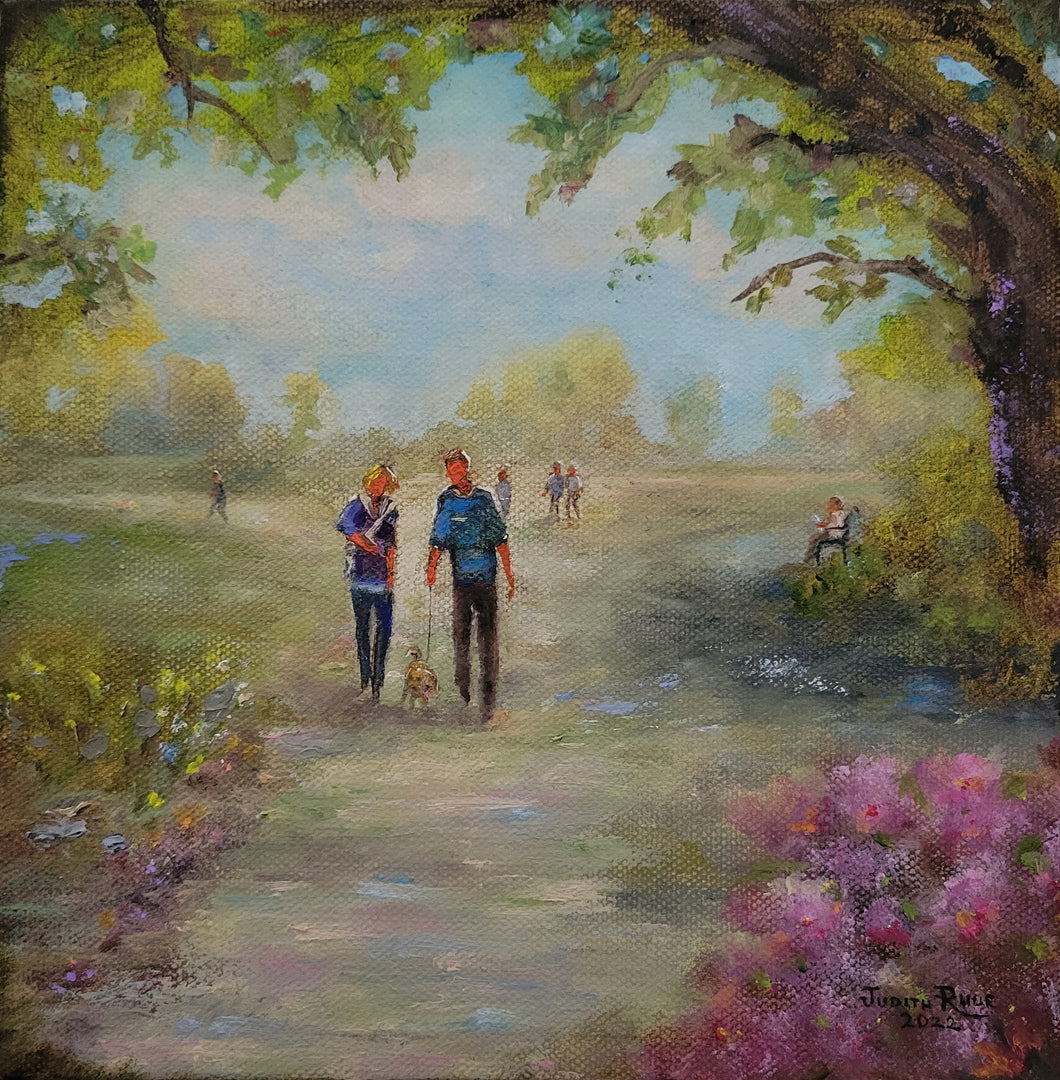 Priorities - original oil painting landscape park people dog flowers trees path clouds canvas man woman spring walk figures home living wall art decor decorate