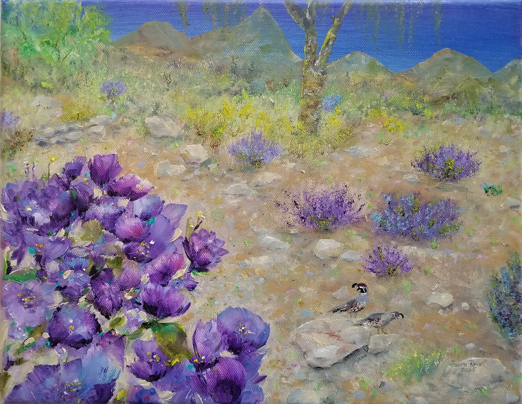 Purple Sage & Quail - original oil painting, landscape, quail, purple, sage, flowers, desert, Arizona, southwest, southwestern, canvas, wall art, home, decor, art