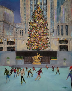 Rockefeller Rink - original oil painting ice skaters Rockefeller Center Christmas tree New York Manhattan landscape winter canvas colorful people skating art