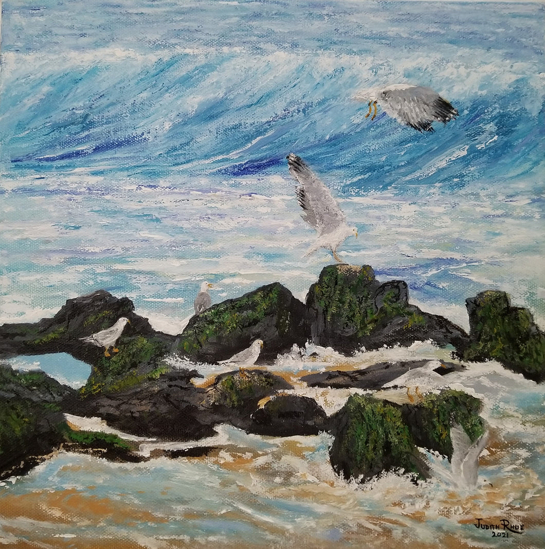 Seven Seagulls - original oil painting seagulls coastal beach seagull birds bird ocean rocks waves sand sea shore nature wall home decor canvas seascape art