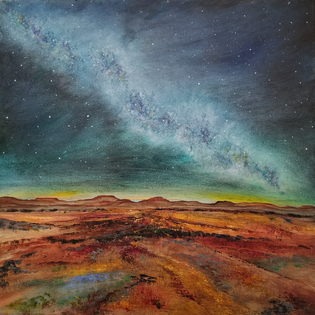 Starlight Comfort - original oil painting, landscape, abstract, desert, stars, star, milky way, night, sky, clouds, mountains, wilderness, canvas, home, decor