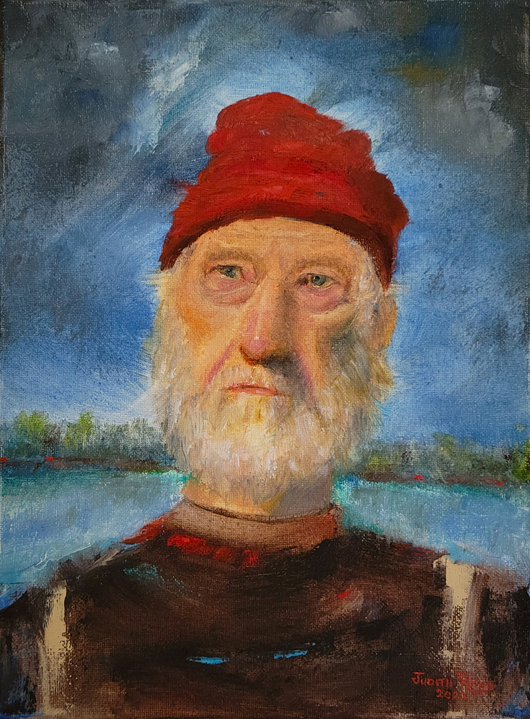 Stronger Than The Storm - original oil painting portrait man male old wise beard fisherman fishing storm weather clouds face canvas artwork wall home living decor art