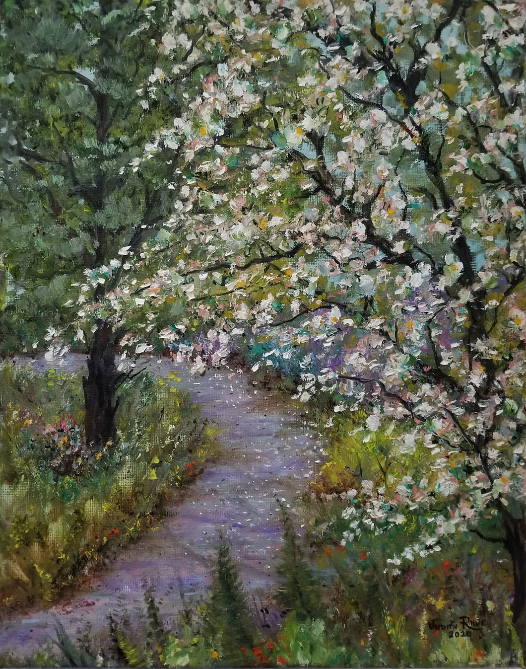 Sunday Stroll - original oil painting, landscape, trees, tree, path, garden, flowers, nature, landscapes, colorful, unique, gift, wall, home, decor, art, US