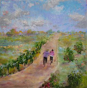 The Ride - original oil painting bicycle riders landscape clouds travel journey bicycles trees path couple people scenery bike canvas artwork living