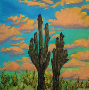Together Through The Years - original oil painting desert landscape cactus saguaro Arizona southwest southwestern clouds colorful unique sky wall art home decor nature