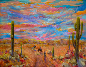 Zona Wash - original oil painting desert landscape horse rider Arizona cactus cacti sunset sunrise clouds colorful unique cowboy southwestern western